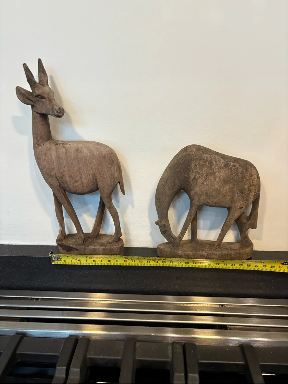 Vintage Hand Carved Rustic Natural Wood Antelope Figurines, Matte, Set Of 2